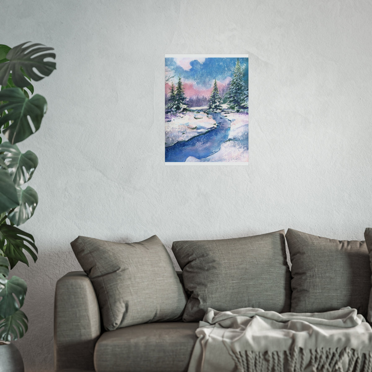 Winter Stream Fine Art Poster — Snowy Pine Landscape Wall Art