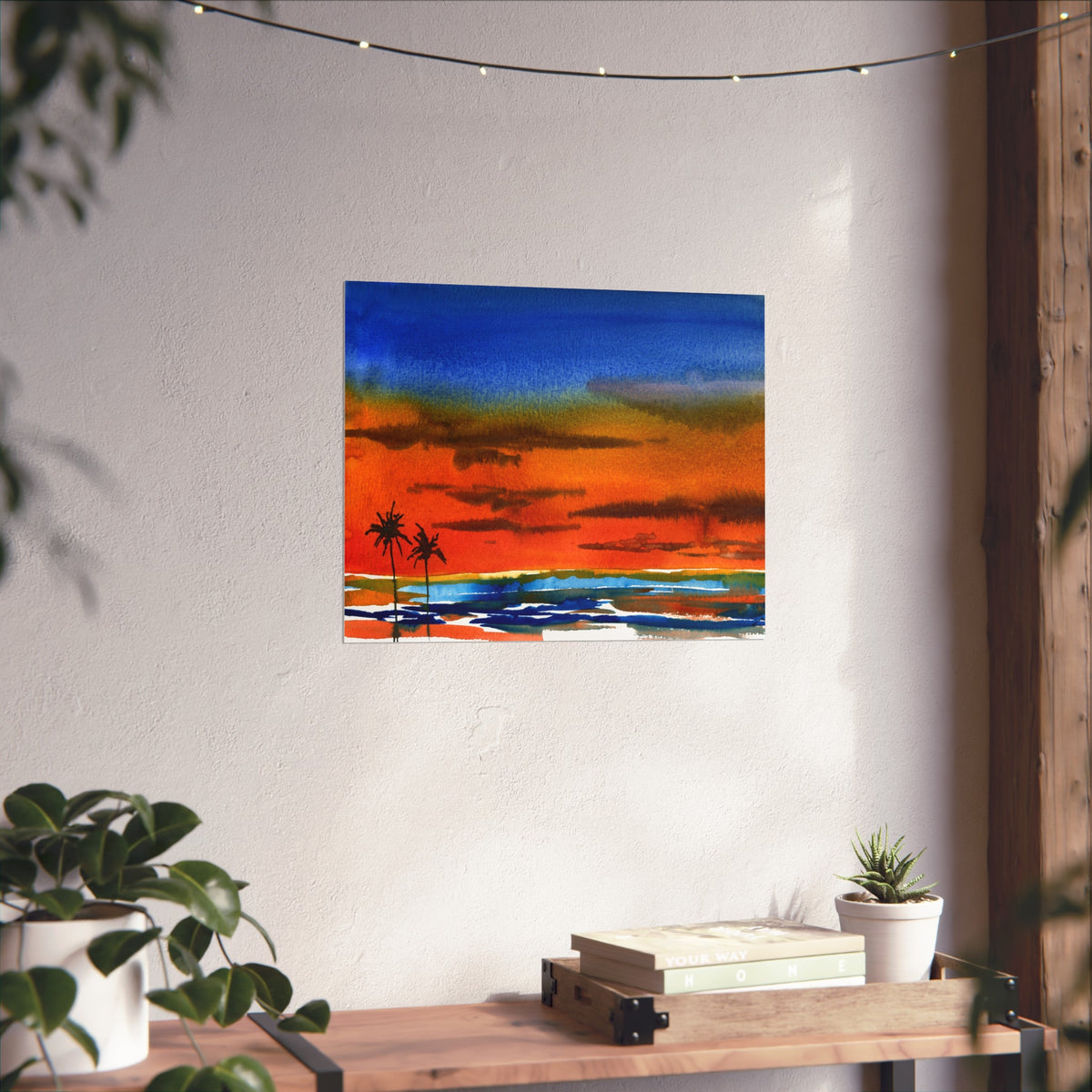 Fine Art Poster — Vibrant Tropical Sunset Watercolor with Palm Silhouettes
