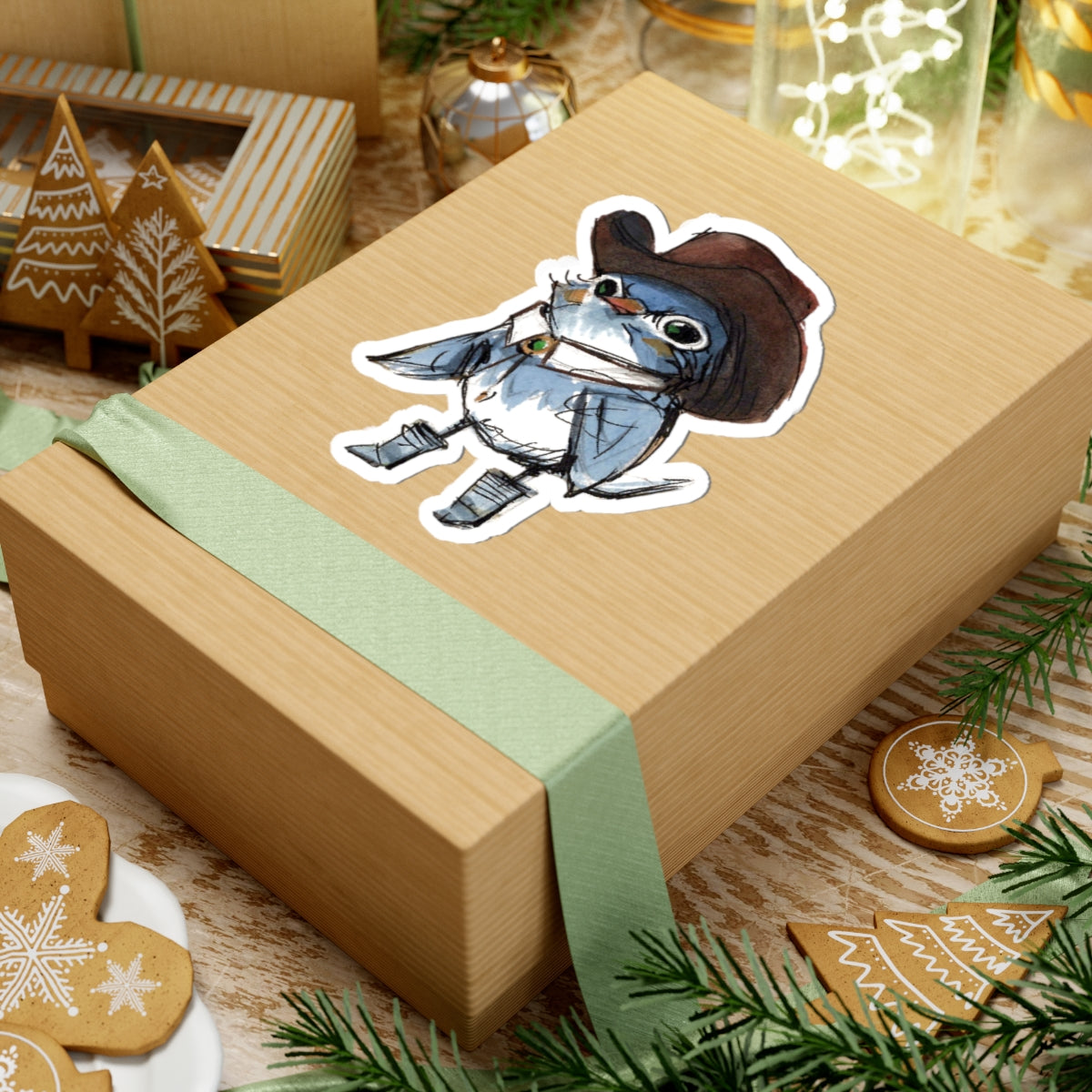 Cowboy Bird Kiss-Cut Sticker — Cute Western Bluebird Sticker for Laptops & Journals