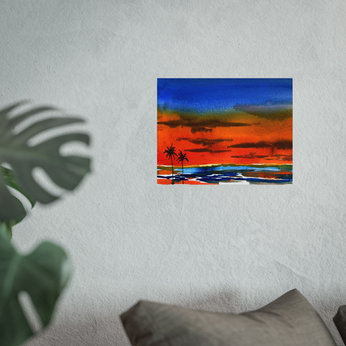 Fine Art Poster — Vibrant Tropical Sunset Watercolor with Palm Silhouettes