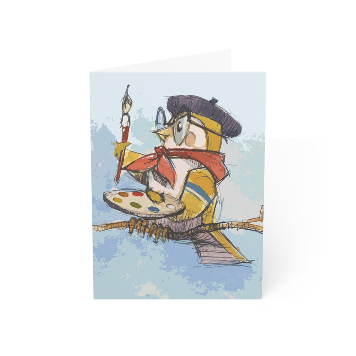 Artist Bird Greeting Card — Cute Painter Illustration Cards (Set of 1/10/30/50)