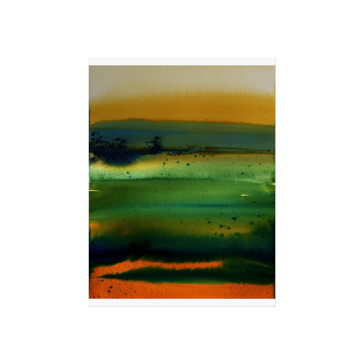 Abstract Landscape Fine Art Poster — Green & Orange Watercolor Wall Art