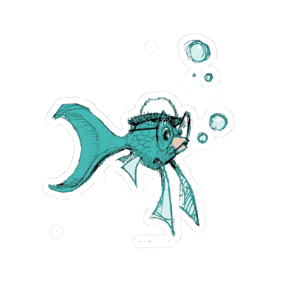 Hand-Drawn Teal Fish Sticker — Cute Aquatic Kiss-Cut Decal (Bubbles)