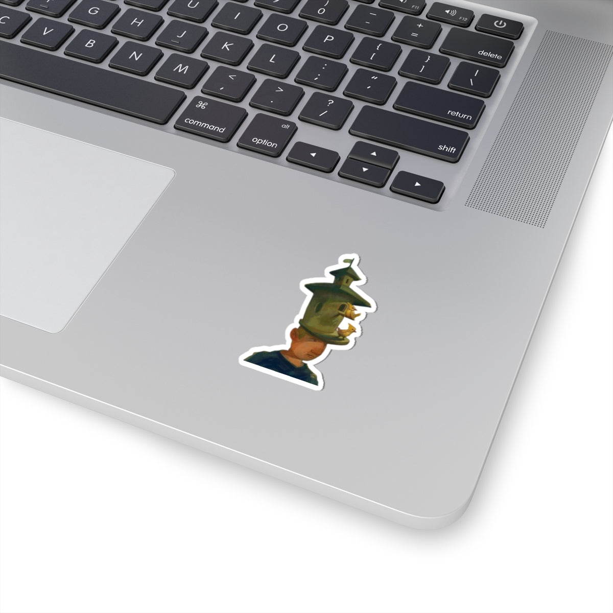 Surreal Birdhouse Head Sticker — Artistic Kiss-Cut Vinyl Decal