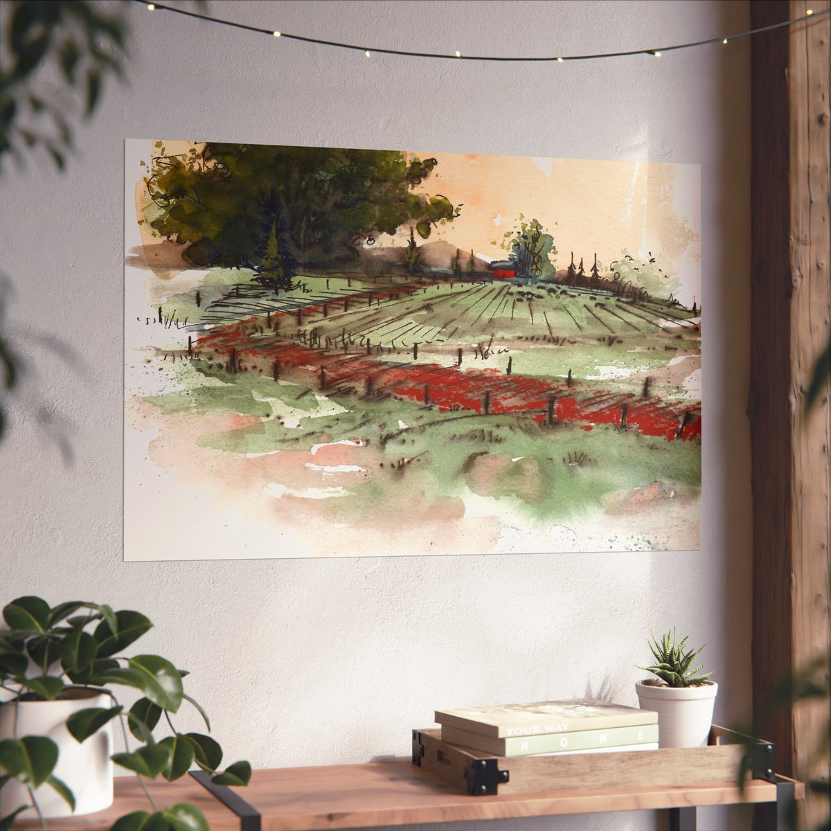 Countryside Vineyard Fine Art Poster — Watercolor Landscape Wall Art