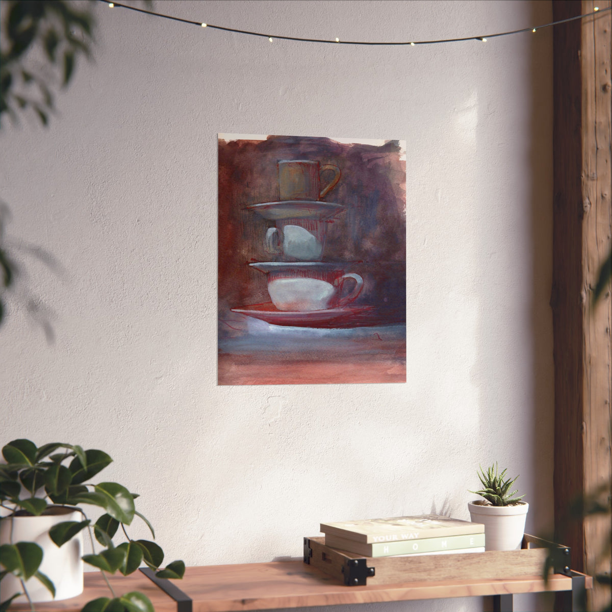 Tea Stacked Cups Fine Art Poster — Atmospheric Watercolor Kitchen Print