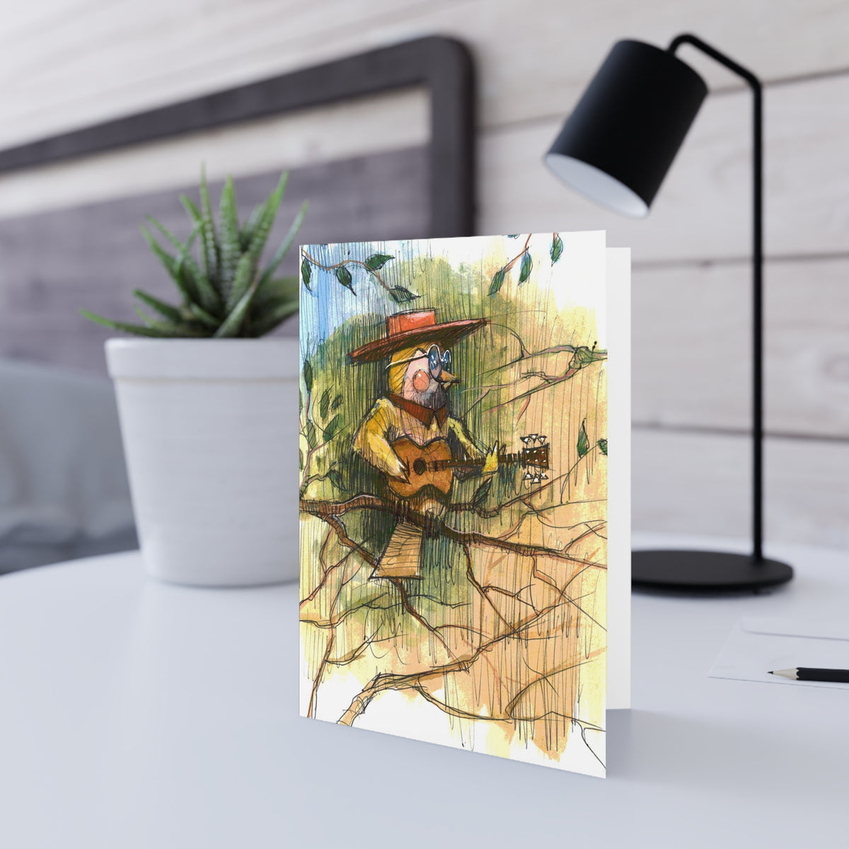 Whimsical Owl Guitarist Greeting Card — Hand-Drawn Woodland Musician Note Card