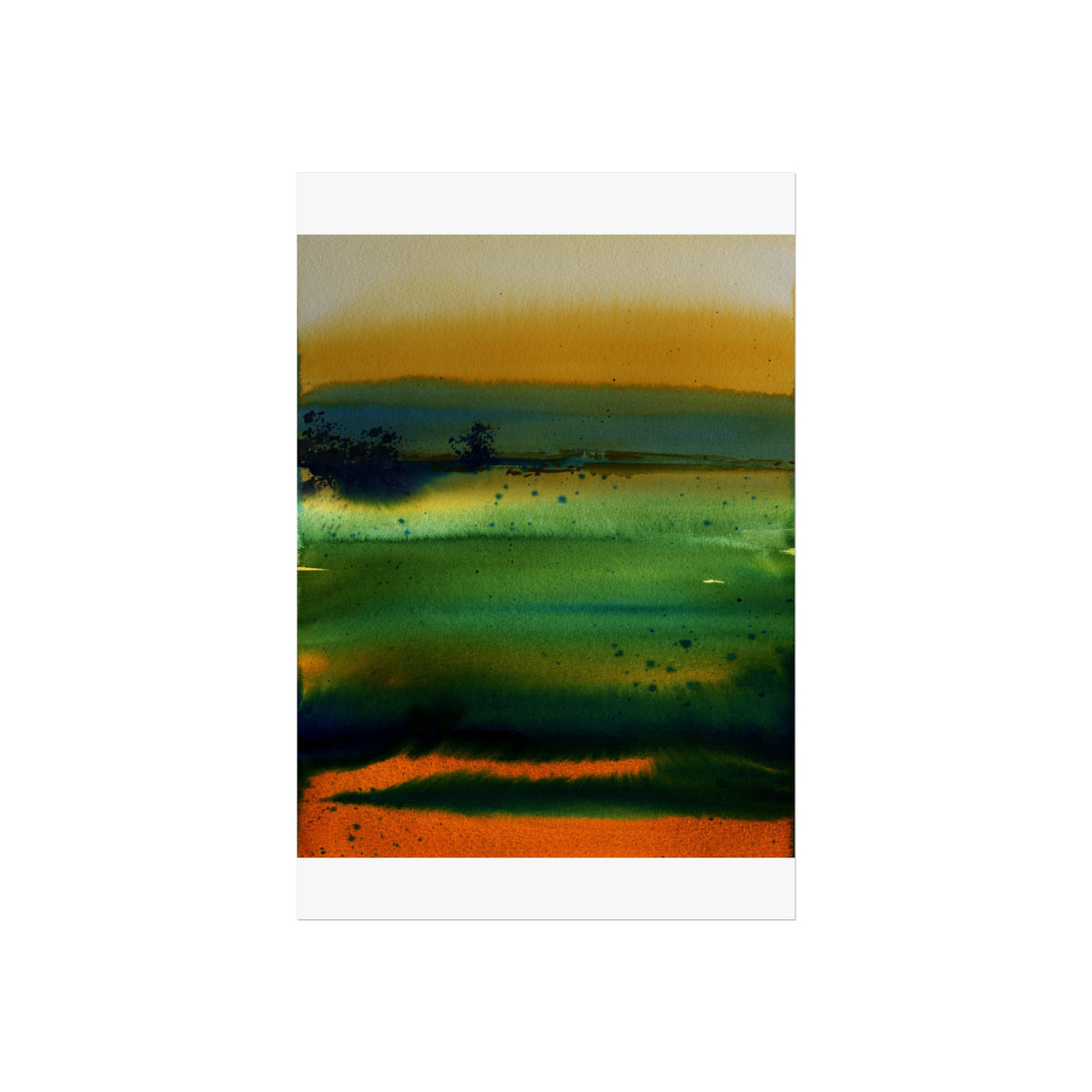 Abstract Landscape Fine Art Poster — Green & Orange Watercolor Wall Art