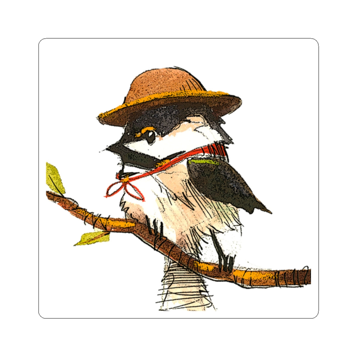 Charming Chickadee Sticker — Hand-Drawn Bird with Straw Hat
