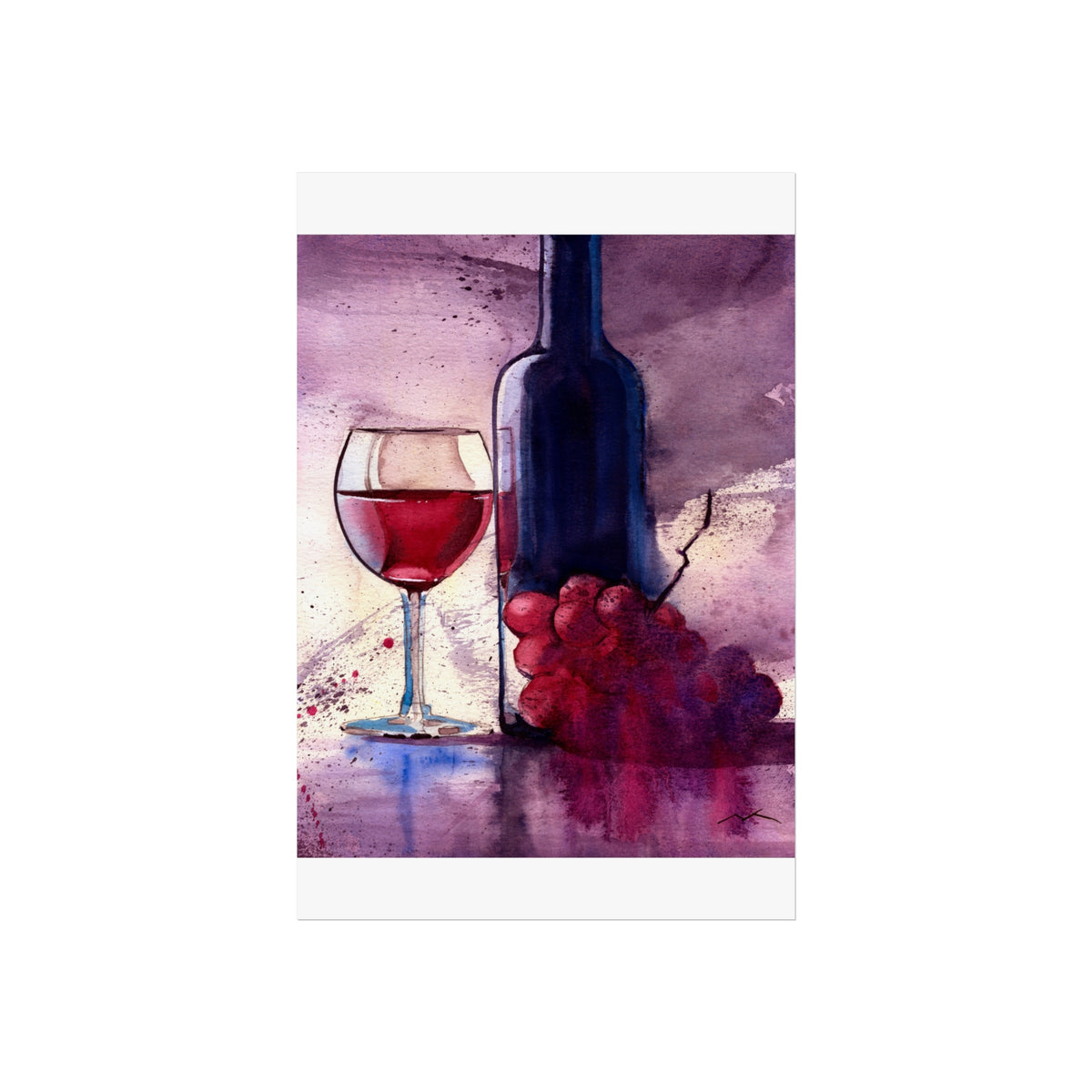 Wine Still Life Fine Art Poster — Watercolor Bottle, Glass & Grapes Wall Art