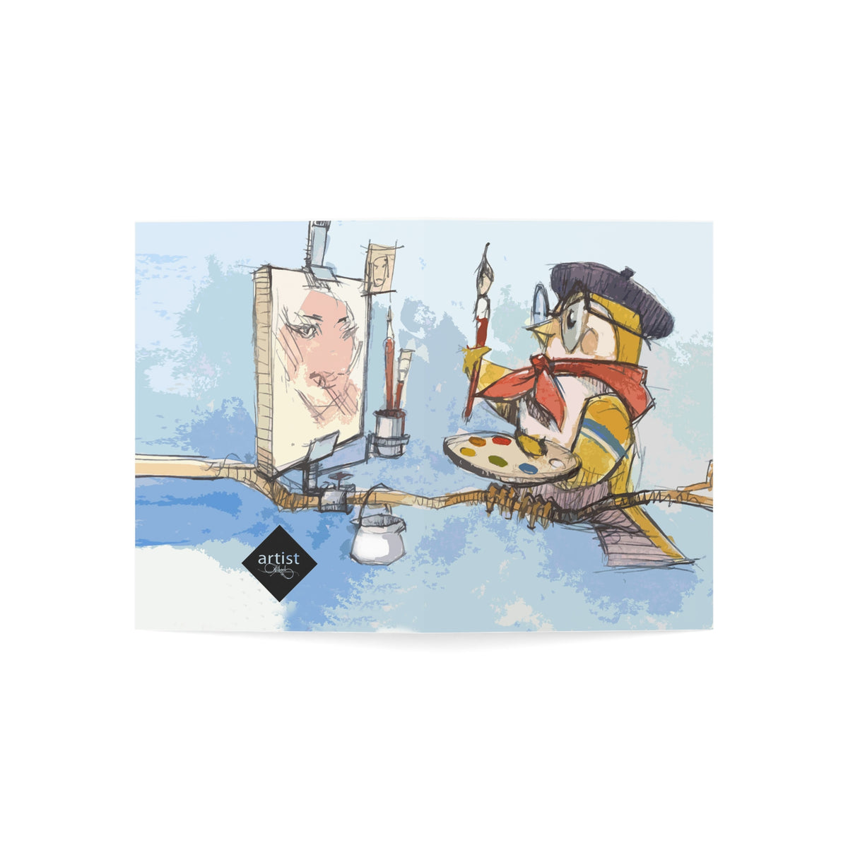 Artist Bird Greeting Card — Cute Painter Illustration Cards (Set of 1/10/30/50)