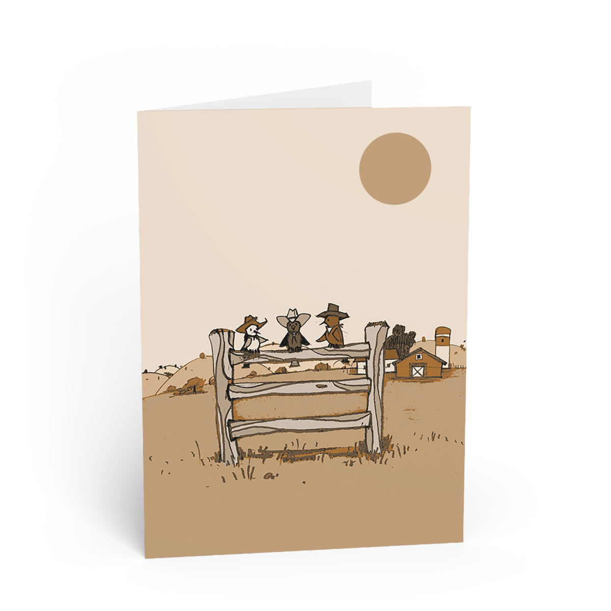 Western Farm Friends Greeting Card — Rustic Sun & Fence Illustration