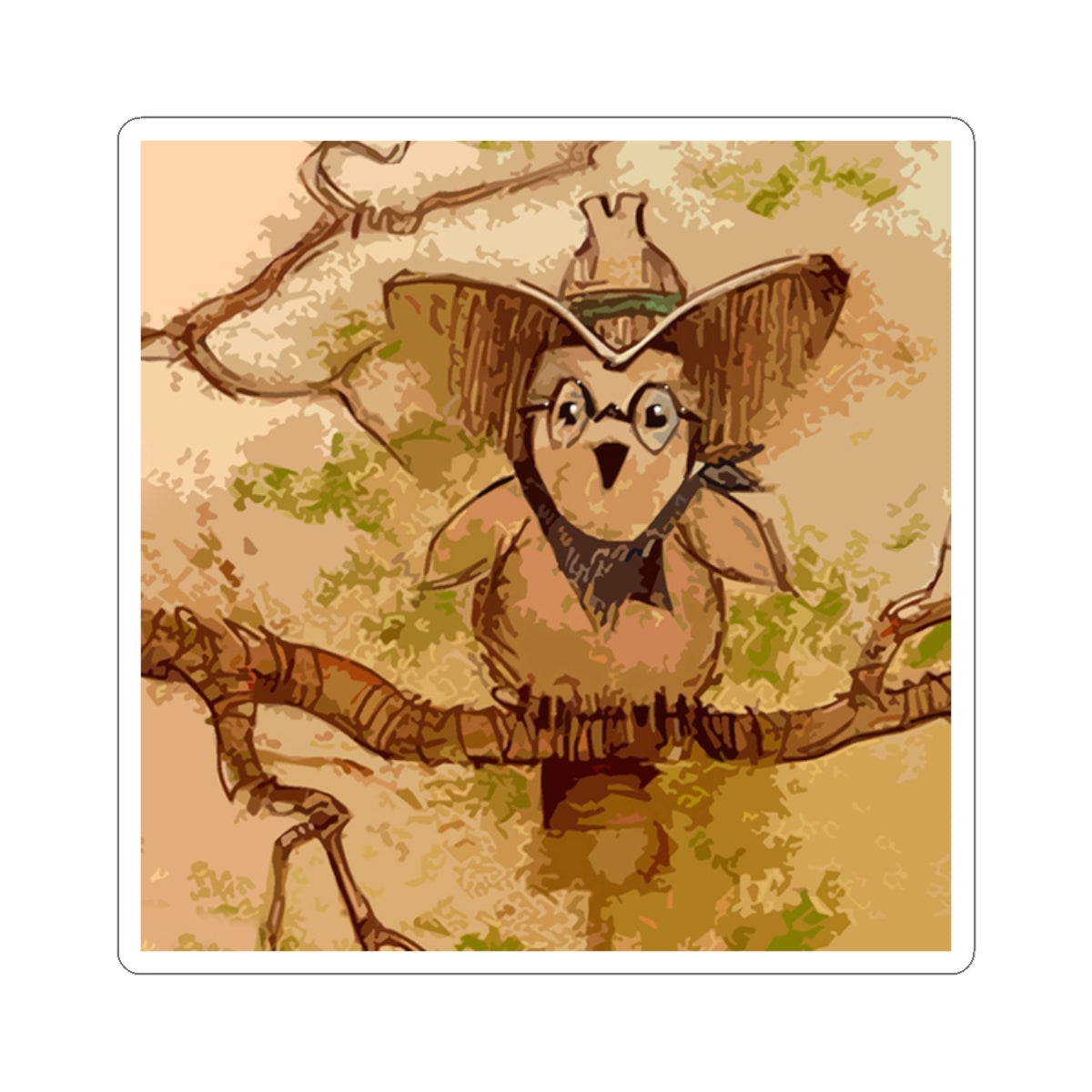 Vintage Woodland Owl Sticker — Cute Scarecrow Owl Kiss-Cut Vinyl Decal