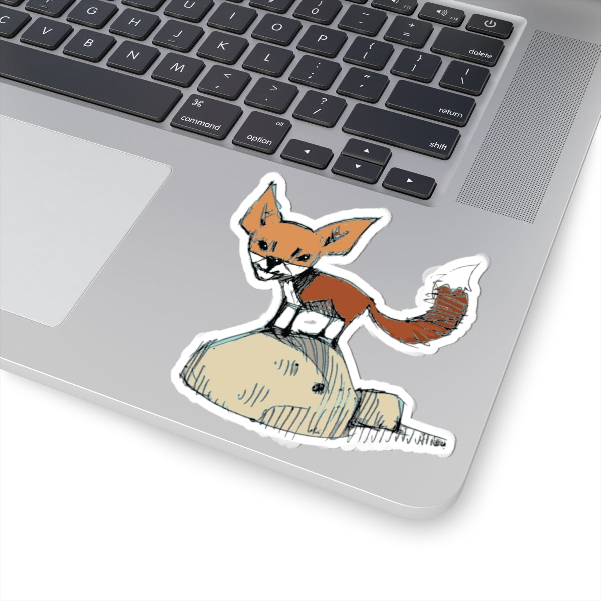 Hand-Drawn Fox on Rock Kiss-Cut Sticker — Cute Woodland Laptop Decal