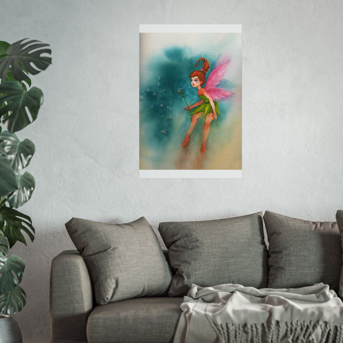 Fairy Watercolor Art Poster — Whimsical Pink-Winged Fairy Fine Art Print