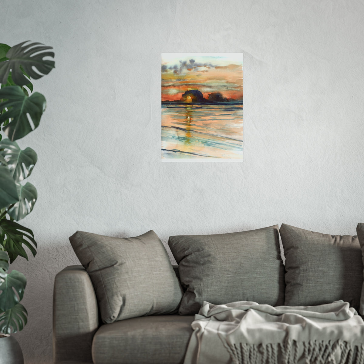 Sunset Seascape Fine Art Poster — Watercolor Coastal Landscape Print