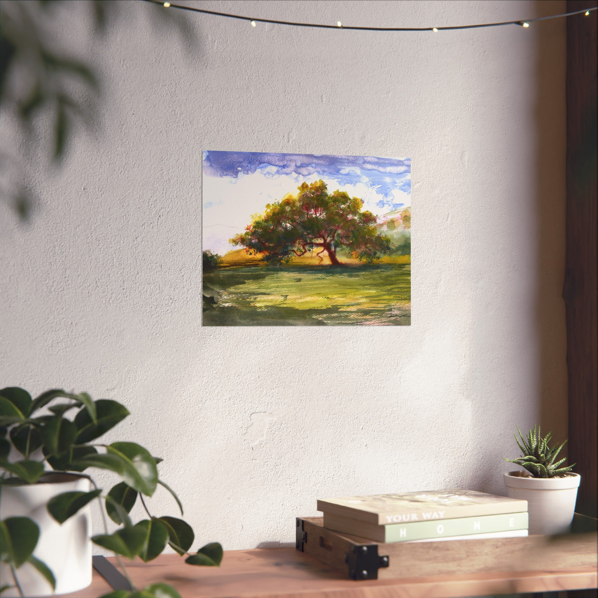 Landscape Tree Fine Art Poster — Watercolor Oak Sunset Wall Art