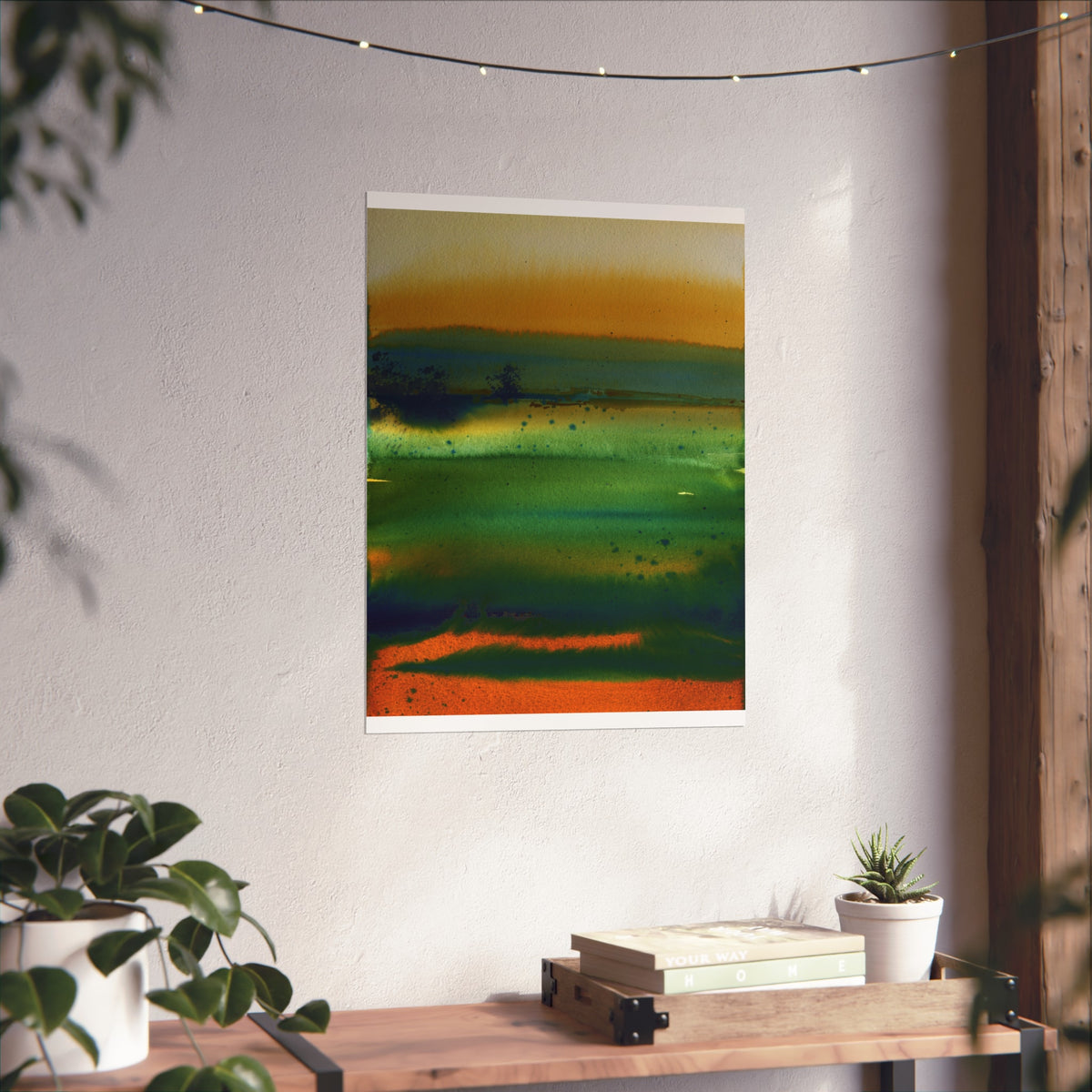 Abstract Landscape Fine Art Poster — Green & Orange Watercolor Wall Art