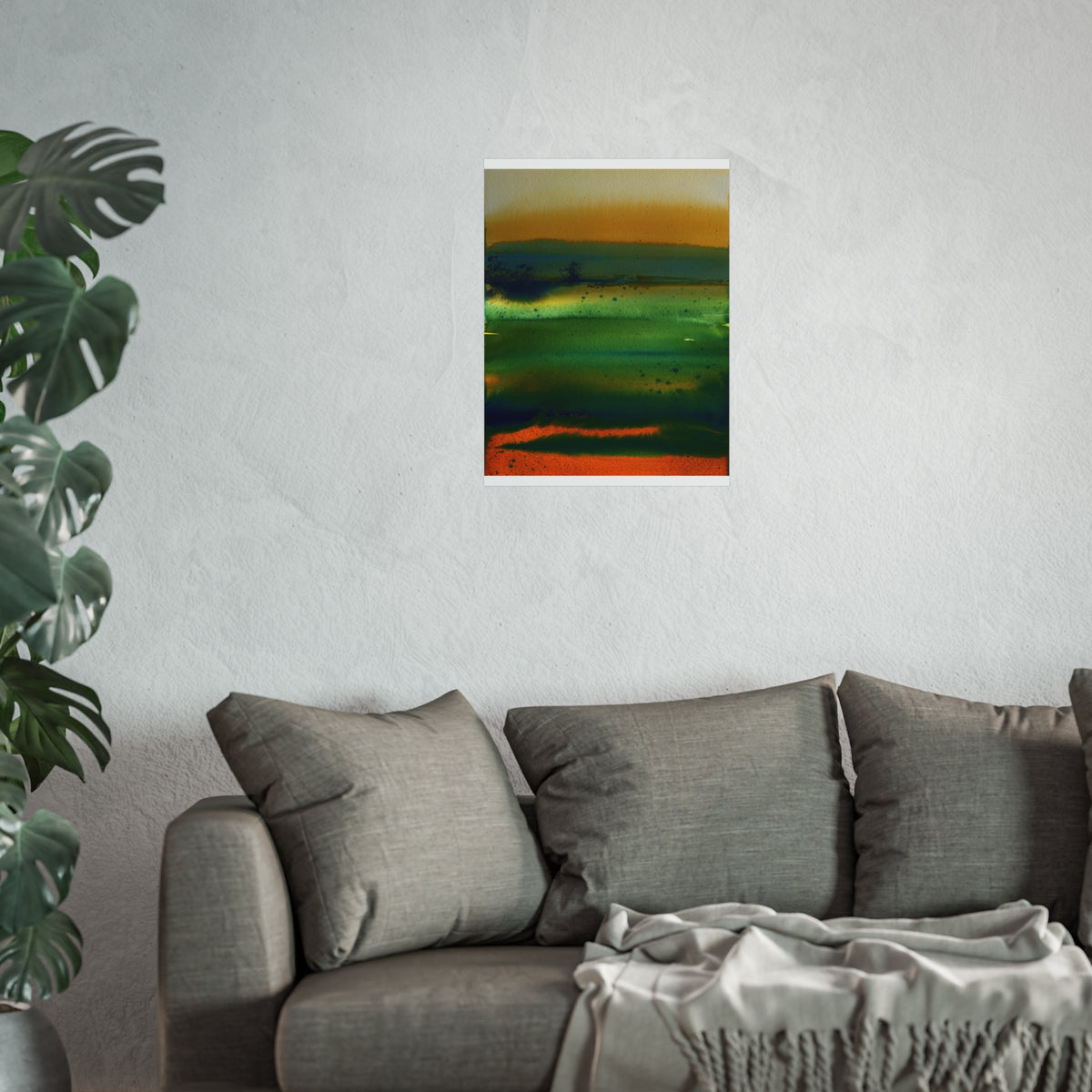 Abstract Landscape Fine Art Poster — Green & Orange Watercolor Wall Art