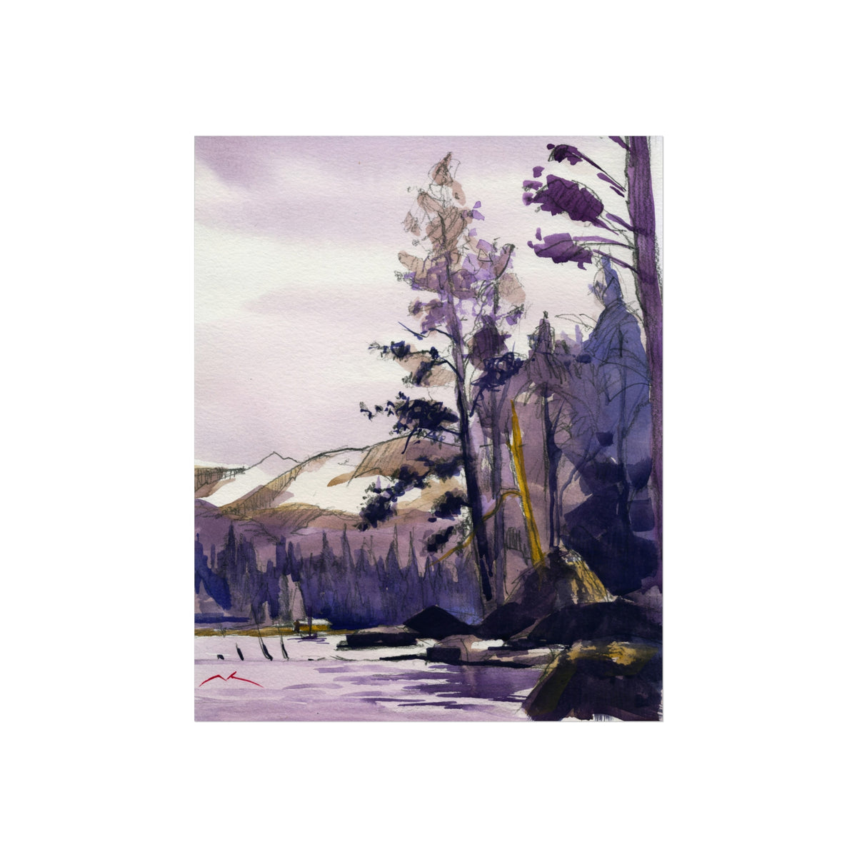Purple Mountain Lake — Fine Art Poster (Watercolor Landscape)