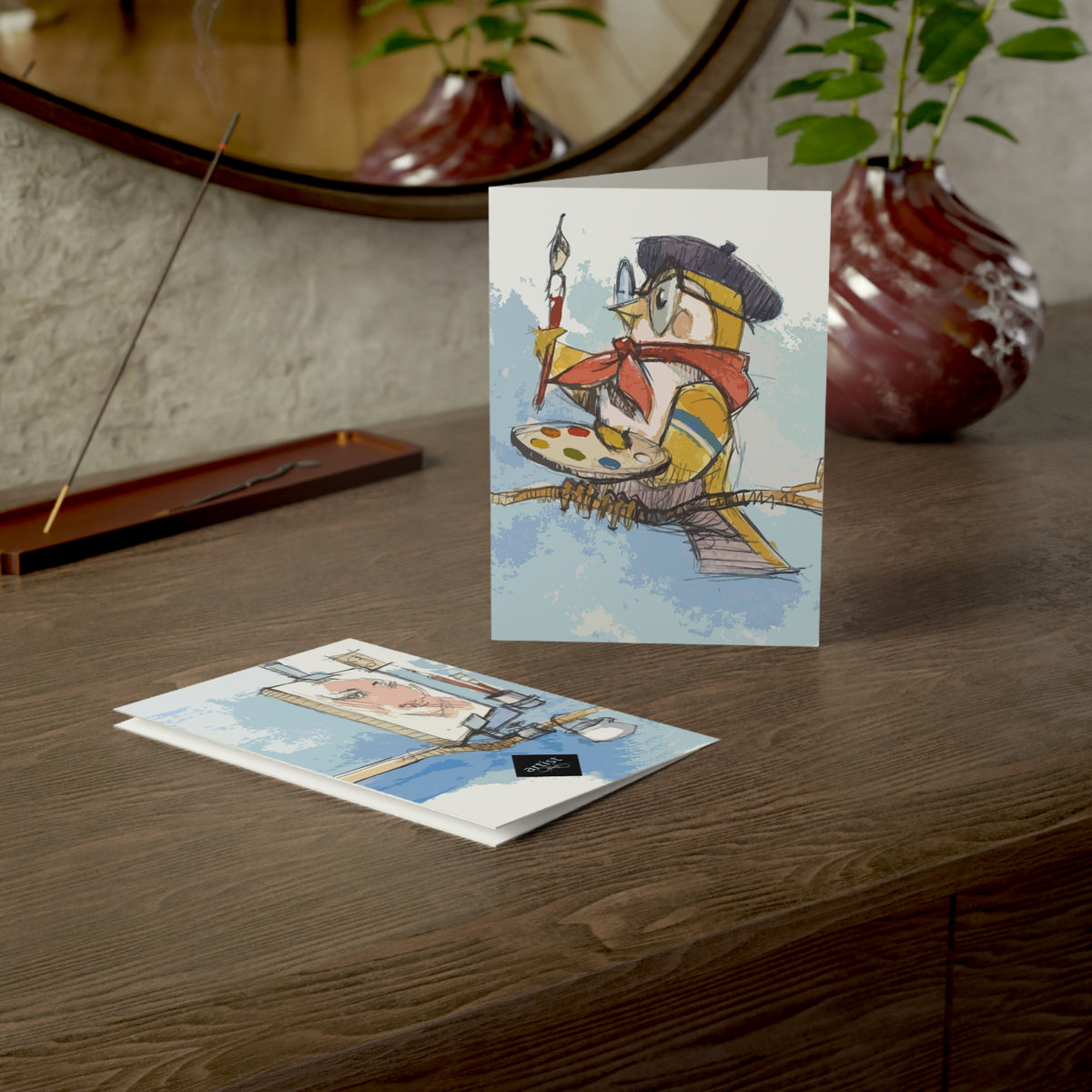 Artist Bird Greeting Card — Cute Painter Illustration Cards (Set of 1/10/30/50)
