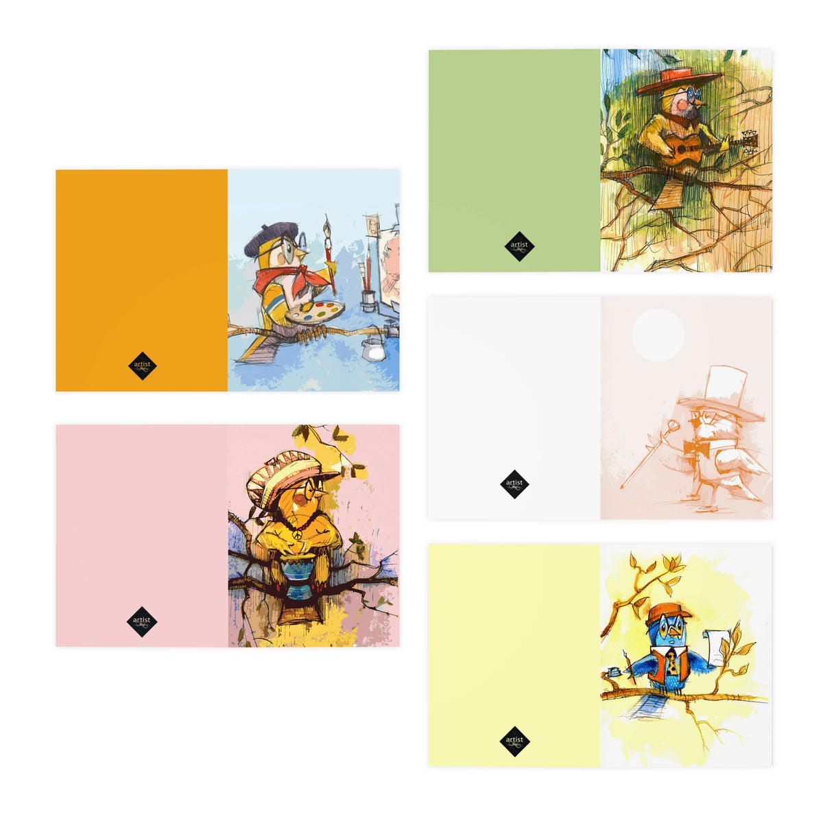 Whimsical Bird Character Greeting Cards — 5-Pack Multi-Design Set