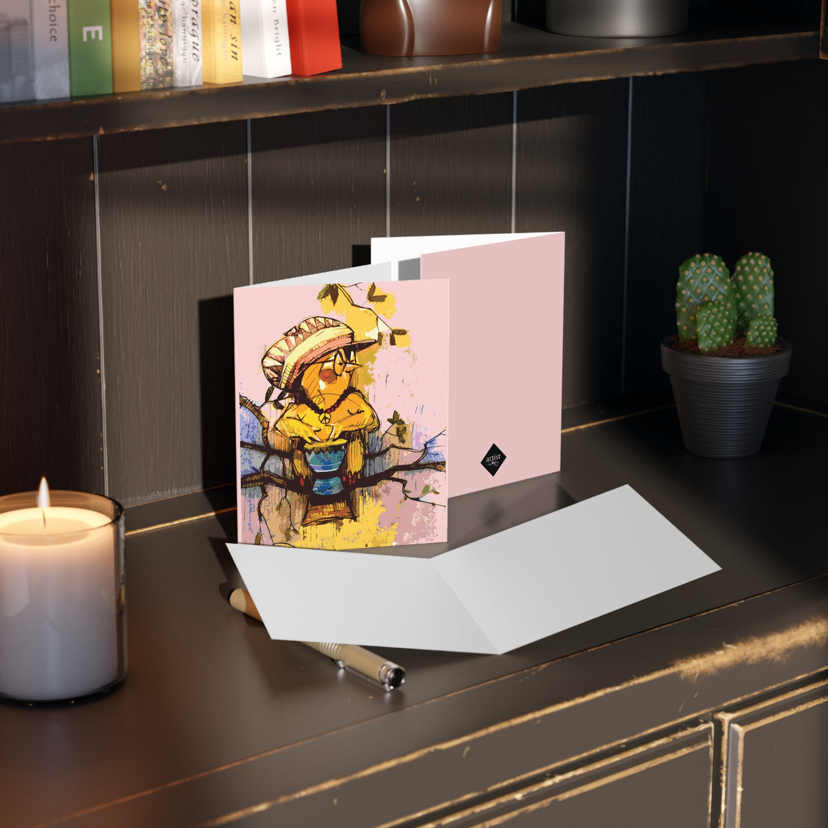 Cute Chick Drummer Bird Greeting Cards — Illustrated Note Cards