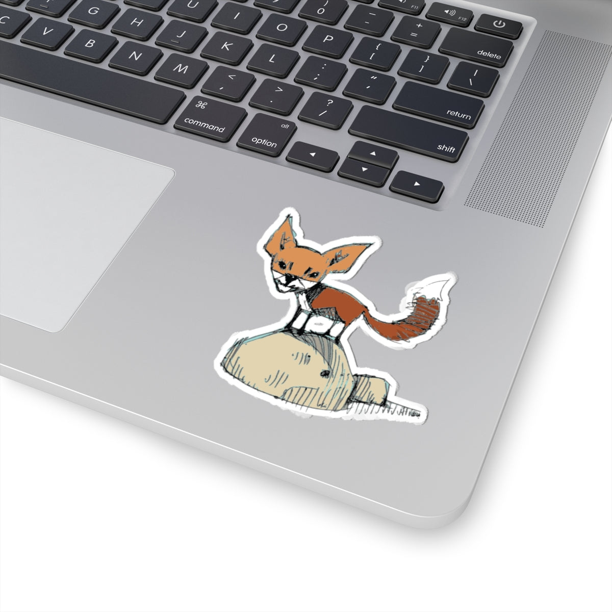 Hand-Drawn Fox on Rock Kiss-Cut Sticker — Cute Woodland Laptop Decal