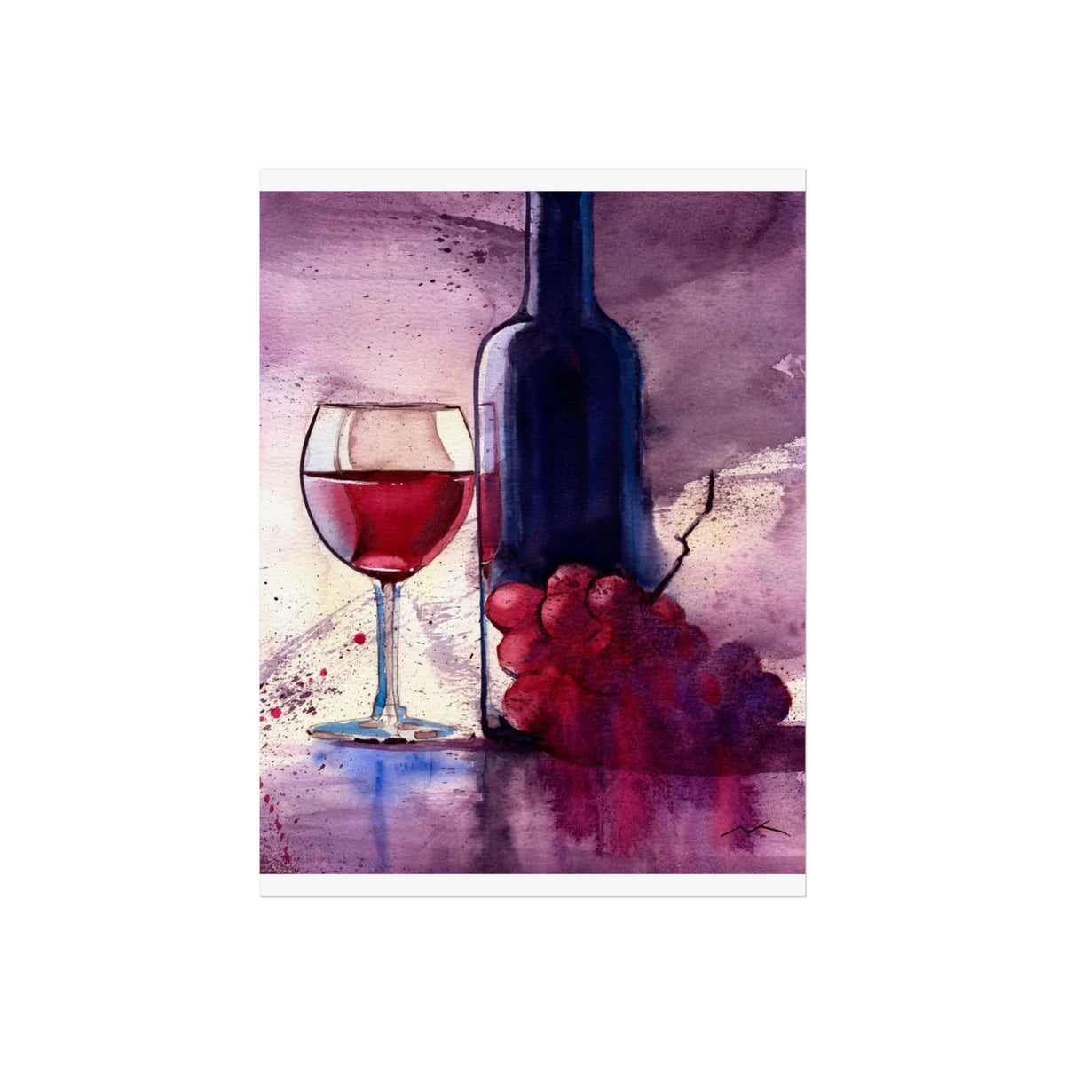 Wine Still Life Fine Art Poster — Watercolor Bottle, Glass & Grapes Wall Art