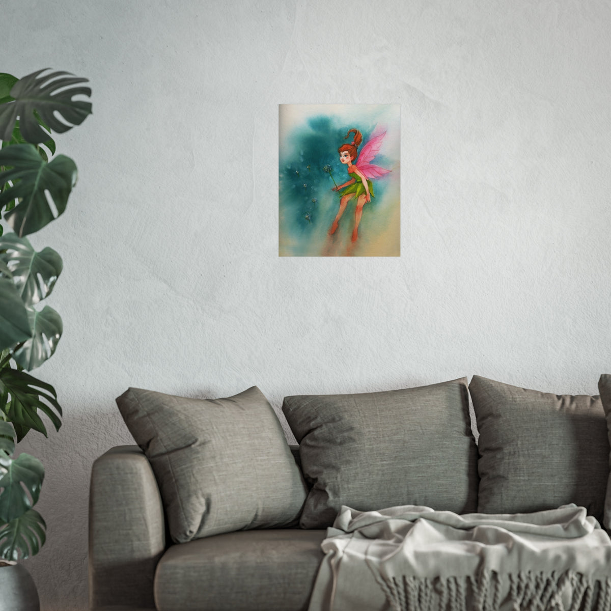 Fairy Watercolor Art Poster — Whimsical Pink-Winged Fairy Fine Art Print