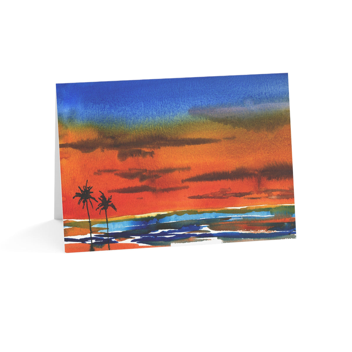 Sunset Beach Greeting Cards — Pack of 1/10/30/50, Tropical Palm Watercolor Note Cards
