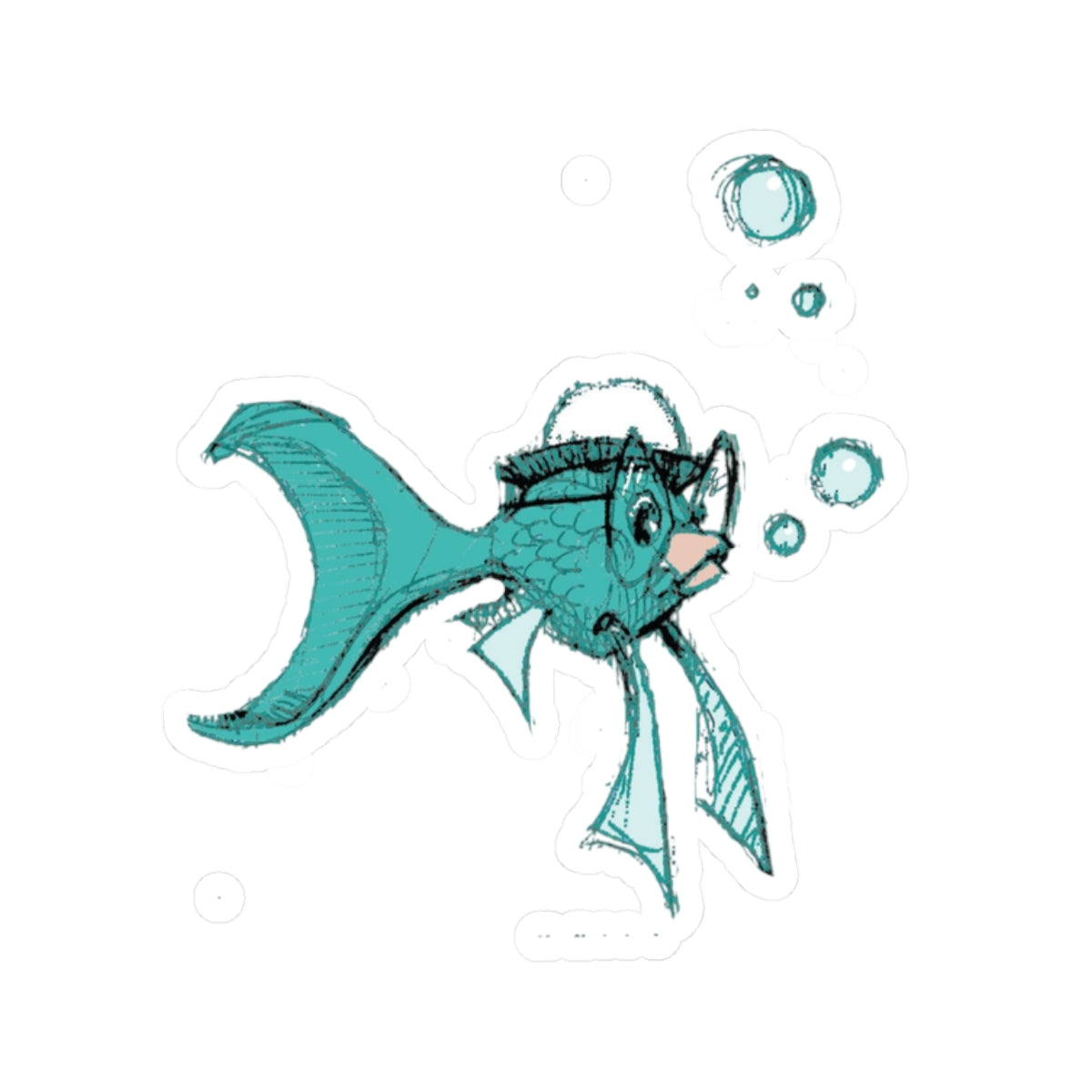 Hand-Drawn Teal Fish Sticker — Cute Aquatic Kiss-Cut Decal (Bubbles)