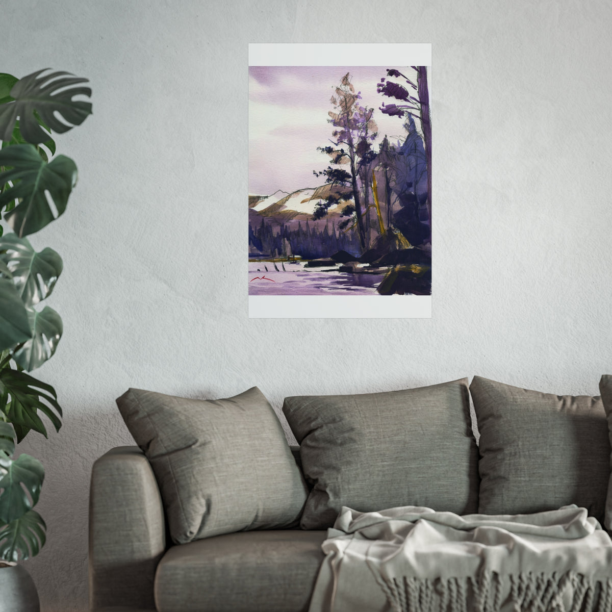 Purple Mountain Lake — Fine Art Poster (Watercolor Landscape)