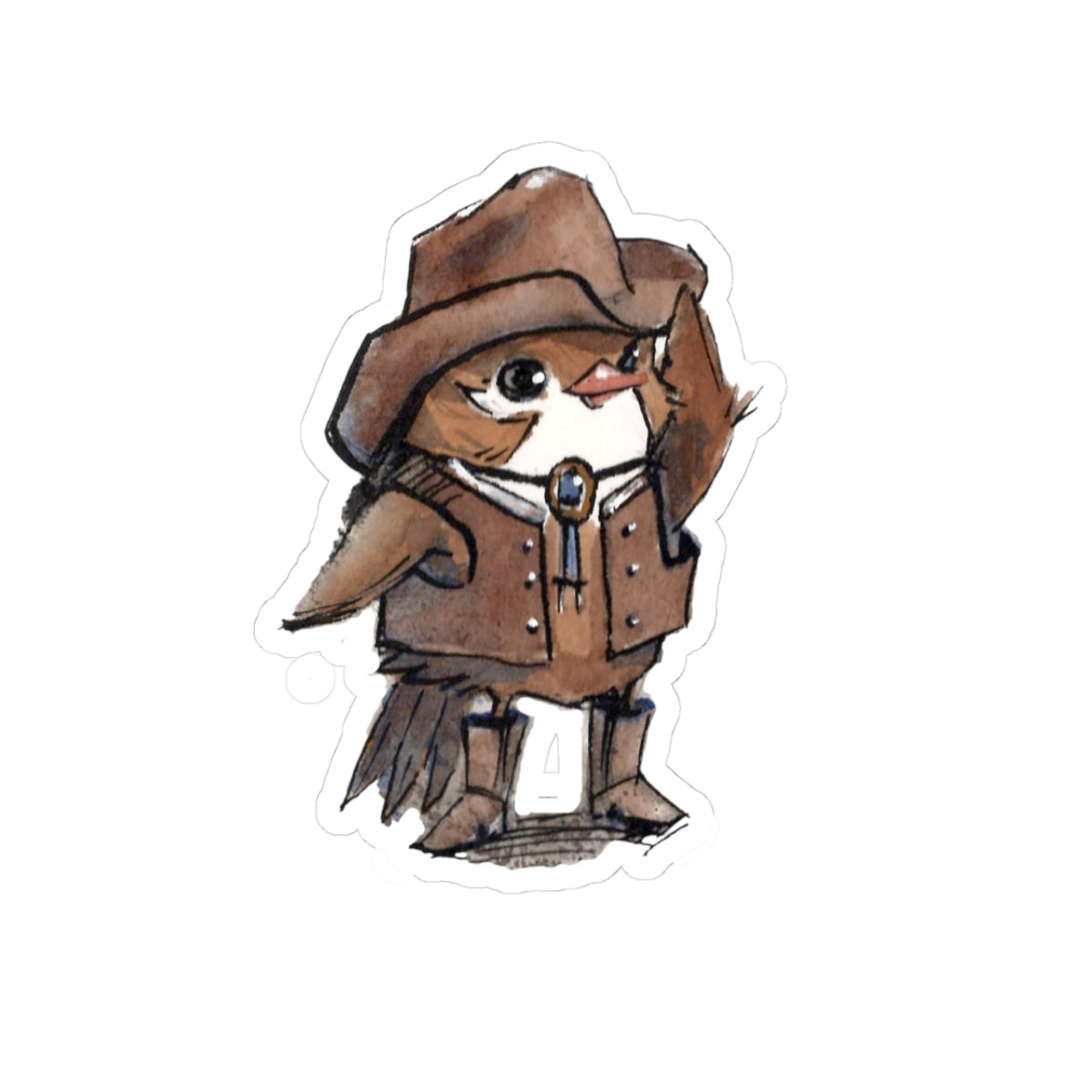 Cowboy Sparrow Kiss-Cut Sticker — Cute Western Bird Vinyl Decal
