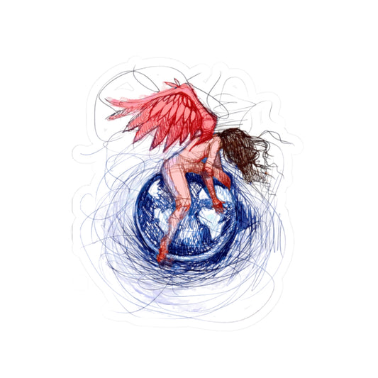 Angel atop Earth Kiss-Cut Sticker — Sketchy Red-Wing Guardian Laptop Decal