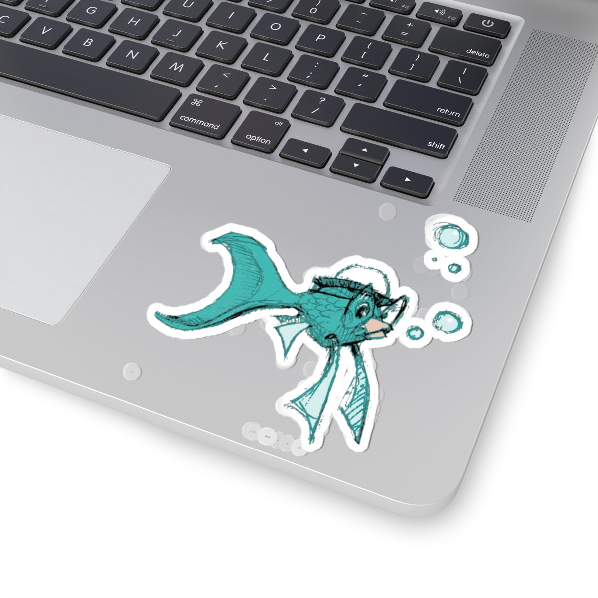 Hand-Drawn Teal Fish Sticker — Cute Aquatic Kiss-Cut Decal (Bubbles)