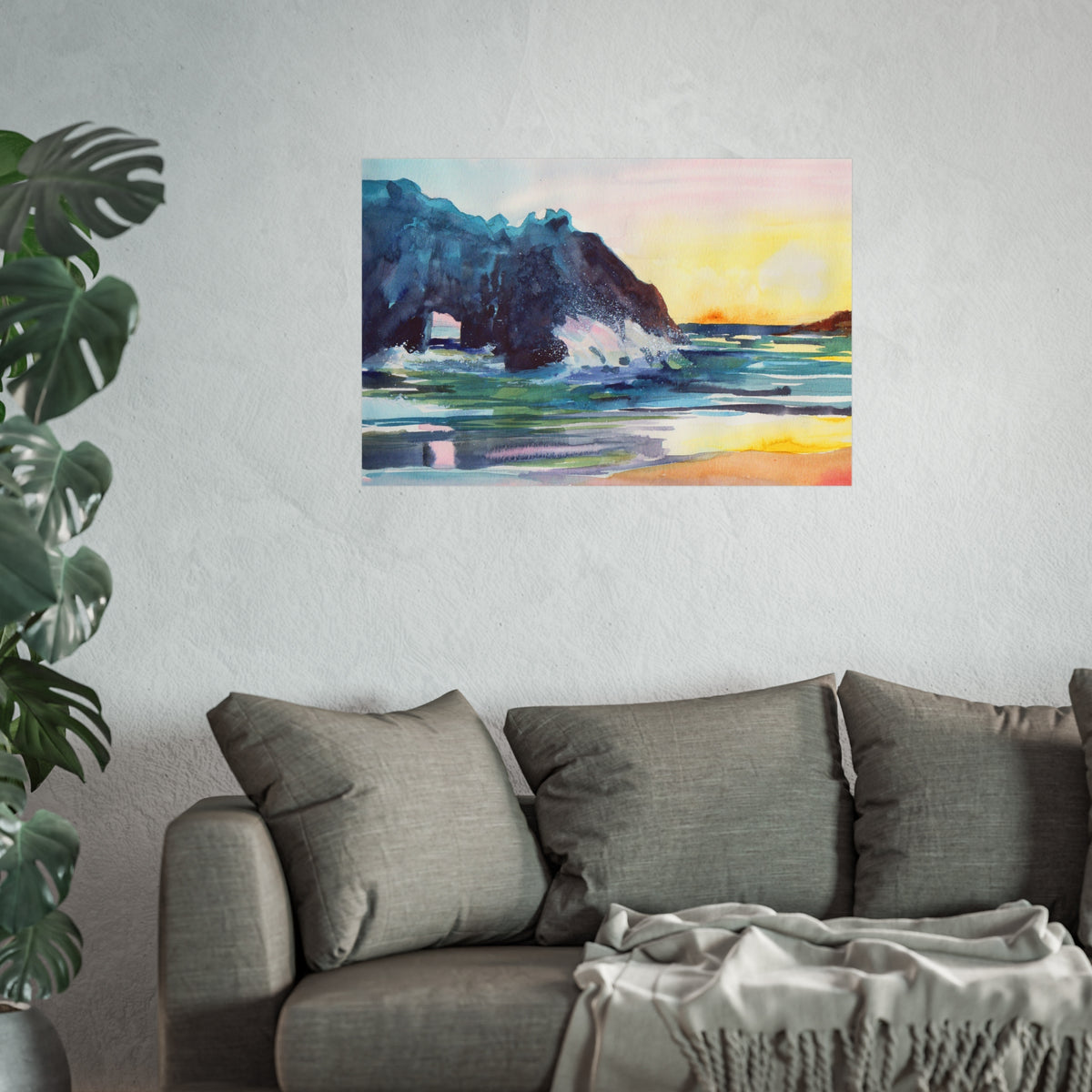 Watercolor Seascape Fine Art Poster — Coastal Sunset Beach Print