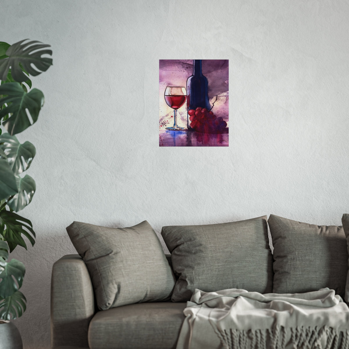 Wine Still Life Fine Art Poster — Watercolor Bottle, Glass & Grapes Wall Art