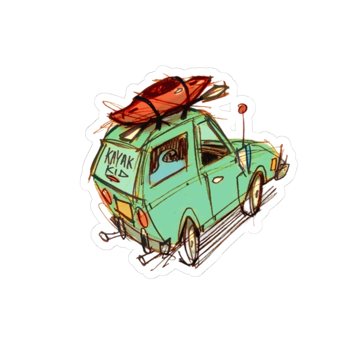 Kayak Road Trip Sticker — Retro Car with Kayaks Kiss-Cut Sticker