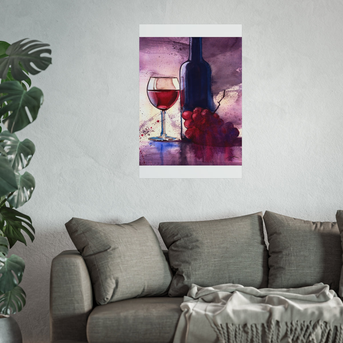 Wine Still Life Fine Art Poster — Watercolor Bottle, Glass & Grapes Wall Art