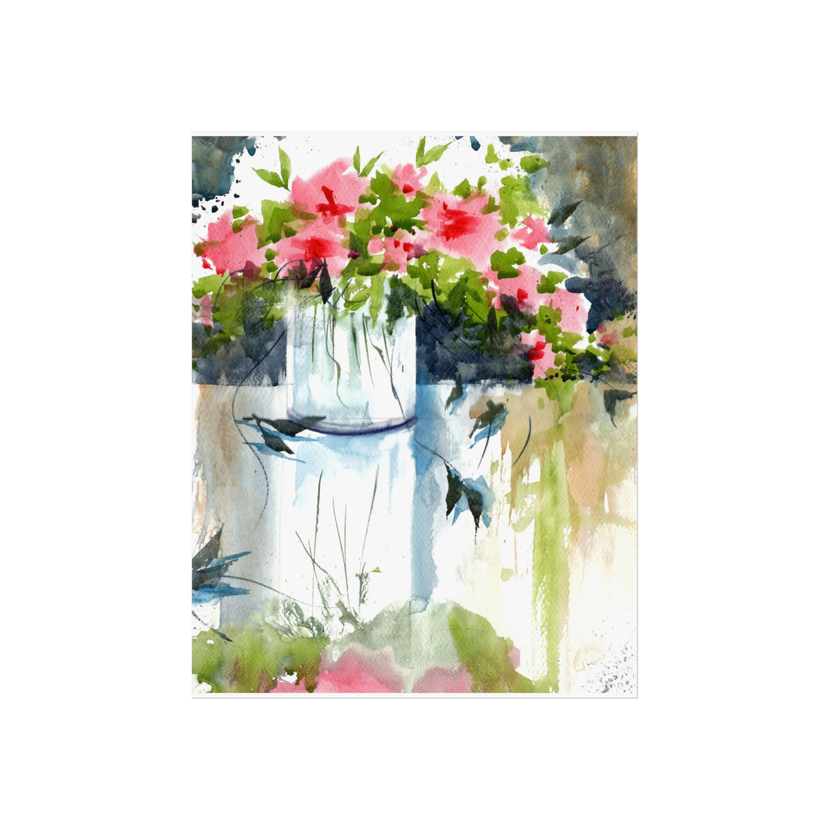 Watercolor Pink Floral Fine Art Poster — Vase & Blossoms Wall Art