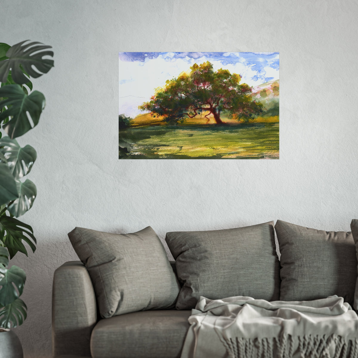 Landscape Tree Fine Art Poster — Watercolor Oak Sunset Wall Art