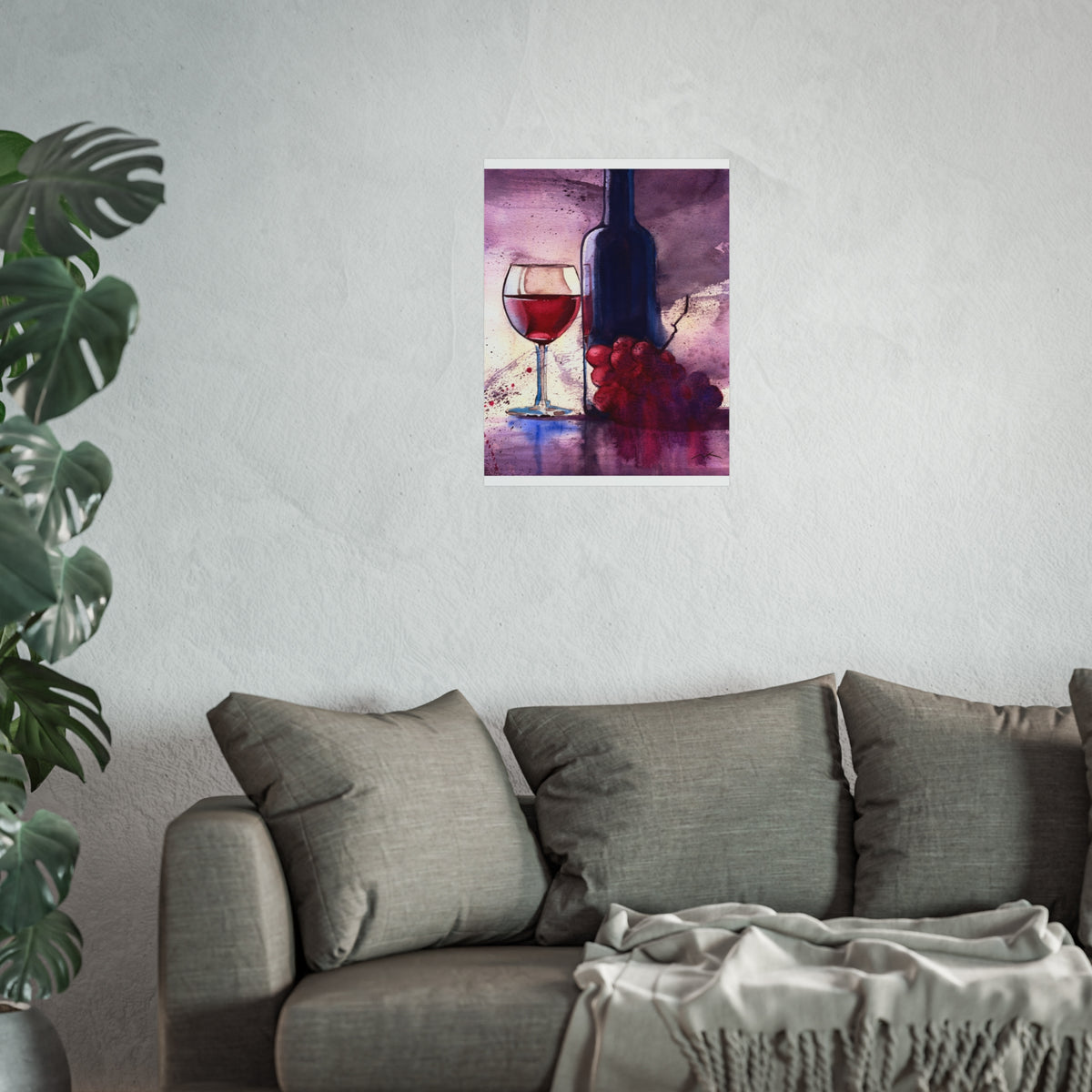 Wine Still Life Fine Art Poster — Watercolor Bottle, Glass & Grapes Wall Art