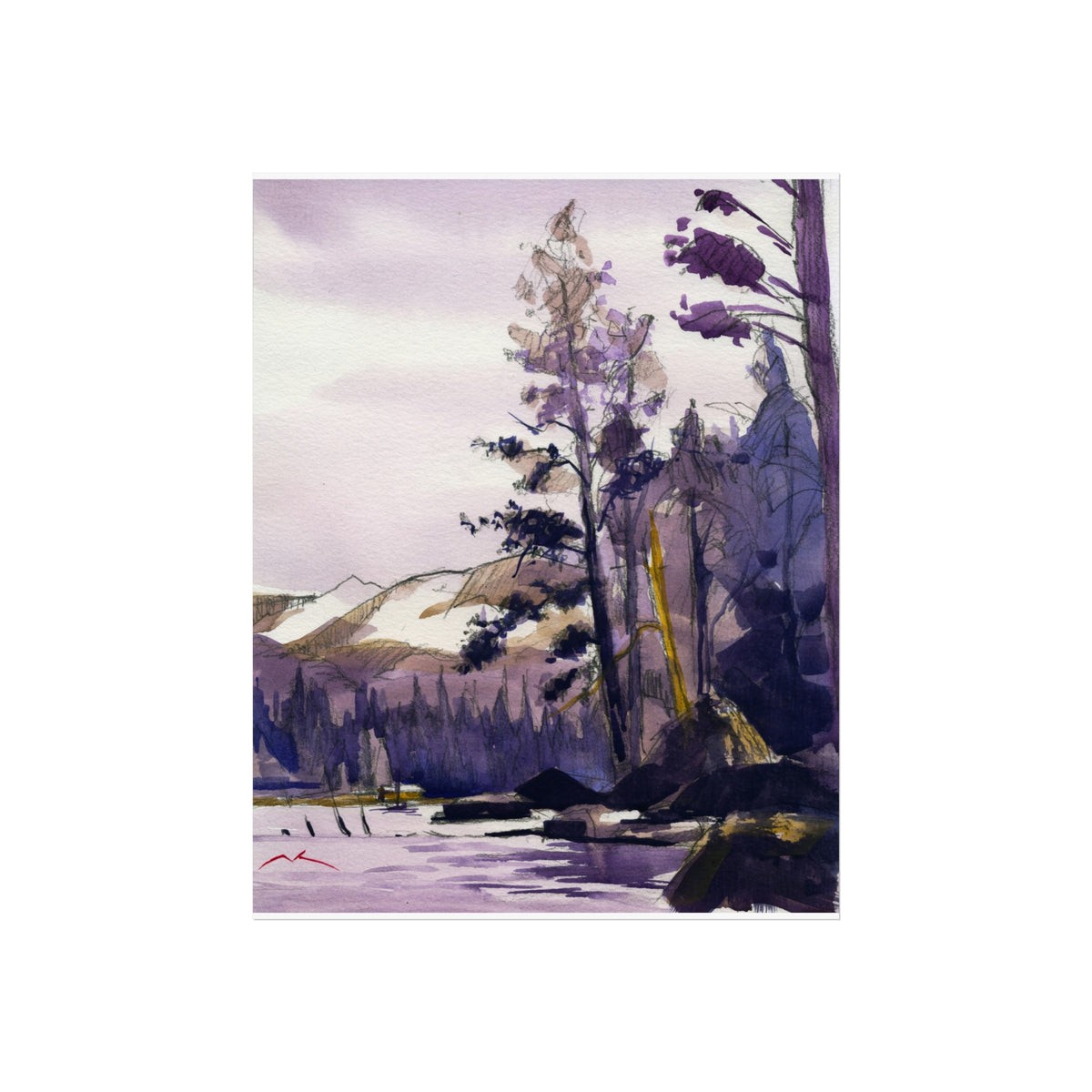 Purple Mountain Lake — Fine Art Poster (Watercolor Landscape)