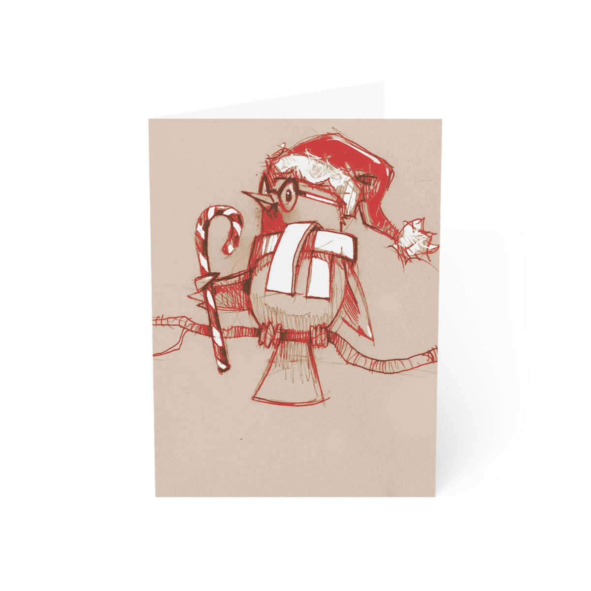 Holiday Bird Greeting Card — Hand-Drawn Santa Hat & Ornament Christmas Card (1/10/30/50 pcs)