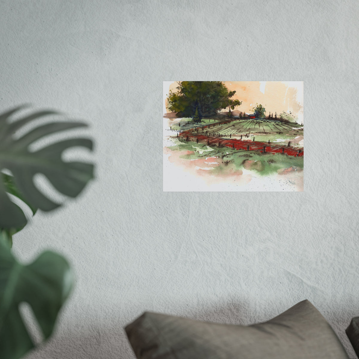 Countryside Vineyard Fine Art Poster — Watercolor Landscape Wall Art