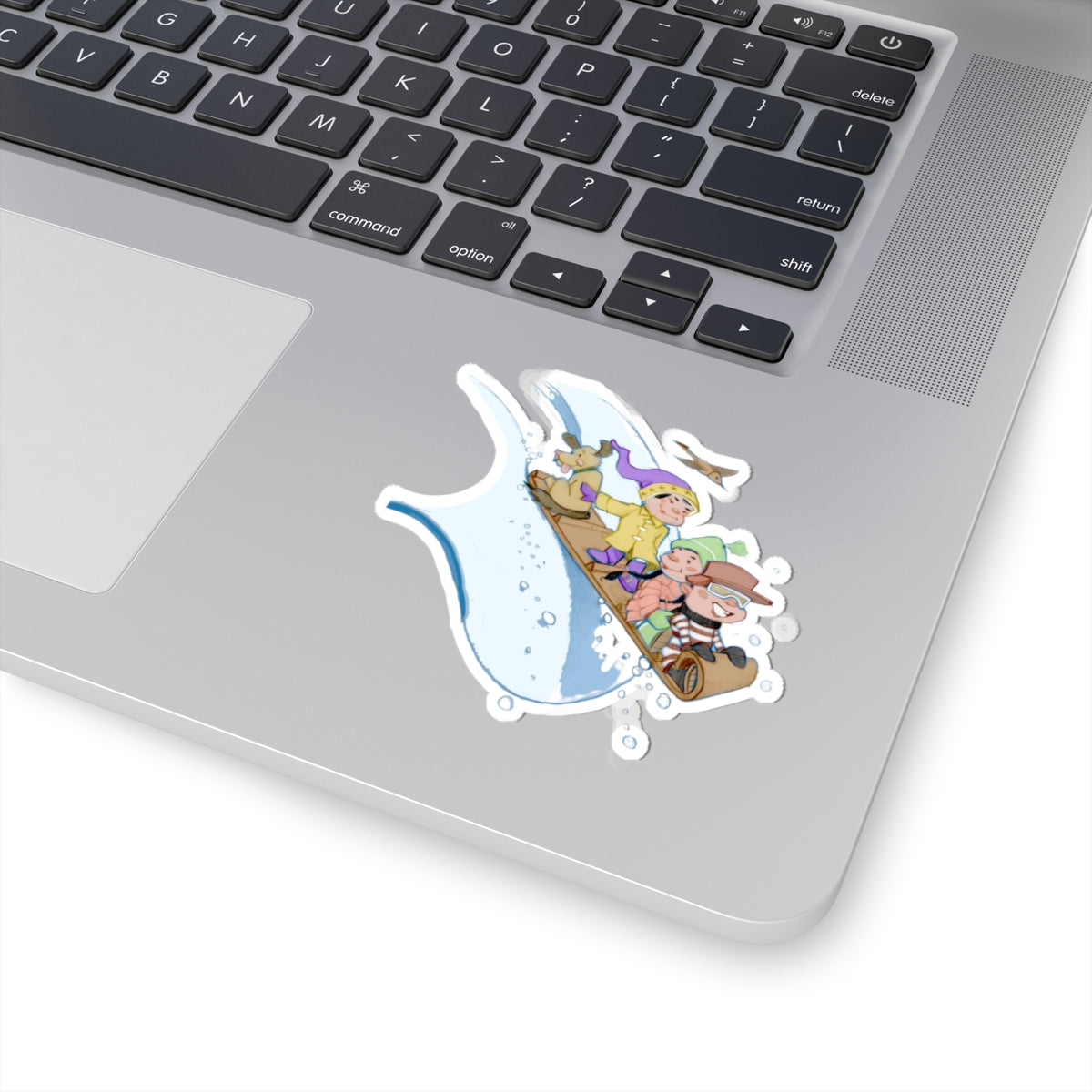 Vintage Kids Sledding Sticker — Retro Winter Toboggan Kiss-Cut Decal