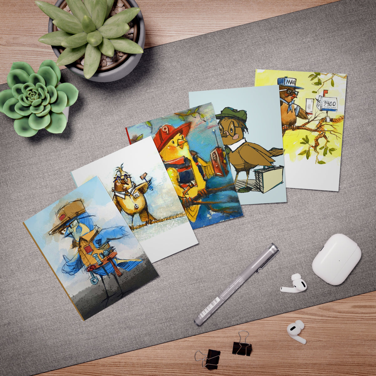 Whimsical Working Birds-Greeting Cards – 5-Pack Multi-Design Set