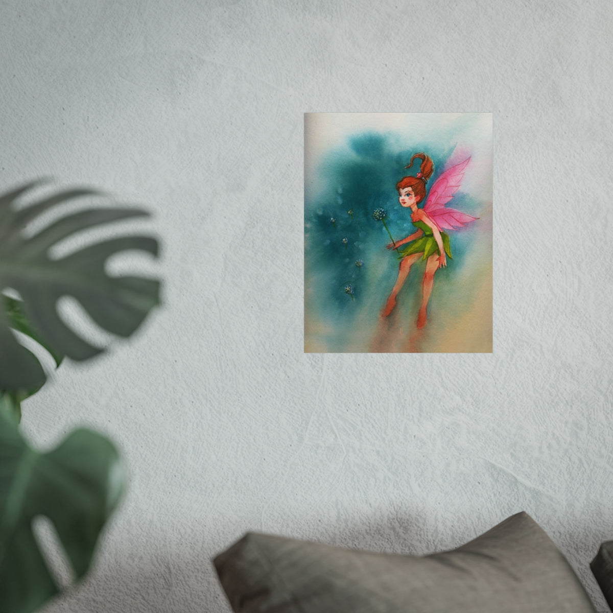 Fairy Watercolor Art Poster — Whimsical Pink-Winged Fairy Fine Art Print