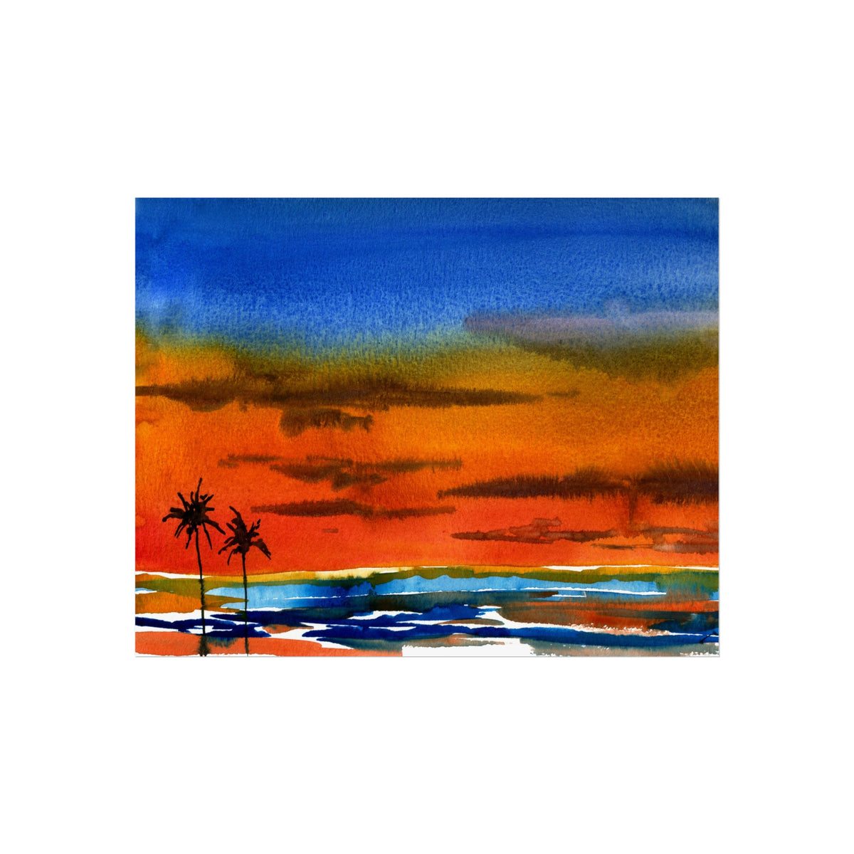 Fine Art Poster — Vibrant Tropical Sunset Watercolor with Palm Silhouettes